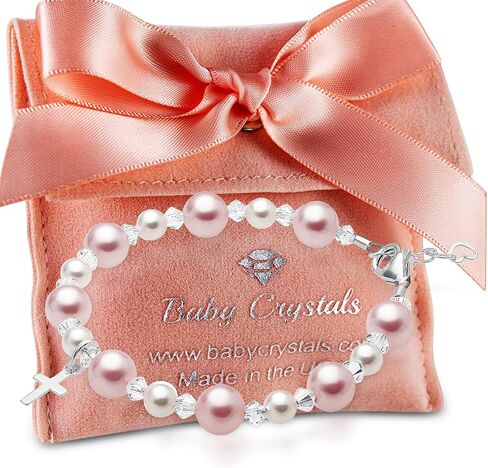 Baby Crystals Personalized Pink Pearl Bracelets for Girls, Sterling Silver Initial & Cross Charm, Created with Swarovski® Pearls and Crystals, Baptism, Communion, Christening Jewelry Gift in Saudi Arabia