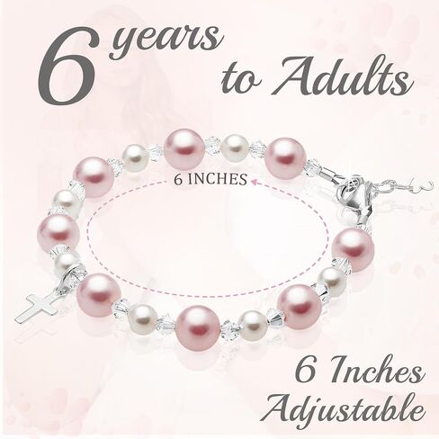 Baby Crystals Personalized Pink Pearl Bracelets for Girls, Sterling Silver Initial & Cross Charm, Created with Swarovski® Pearls and Crystals, Baptism, Communion, Christening Jewelry Gift in Saudi Arabia