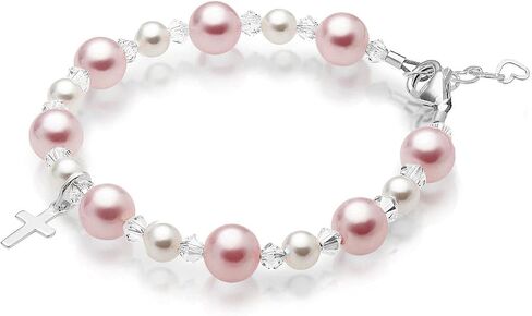Baby Crystals Personalized Pink Pearl Bracelets for Girls, Sterling Silver Initial & Cross Charm, Created with Swarovski® Pearls and Crystals, Baptism, Communion, Christening Jewelry Gift in Saudi Arabia
