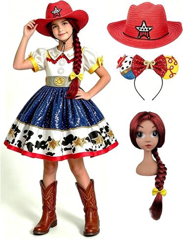 4Pcs Cowgirl Costume with Headband Hat and Wigs for Girls, Toddler Birthday Outfits Halloween Role Play Clothes Set in Kuwait