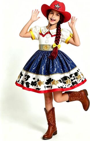 4Pcs Cowgirl Costume with Headband Hat and Wigs for Girls, Toddler Birthday Outfits Halloween Role Play Clothes Set in Kuwait