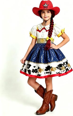 4Pcs Cowgirl Costume with Headband Hat and Wigs for Girls, Toddler Birthday Outfits Halloween Role Play Clothes Set in Kuwait