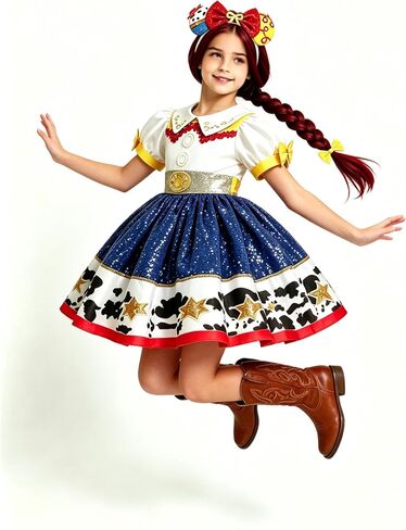 4Pcs Cowgirl Costume with Headband Hat and Wigs for Girls, Toddler Birthday Outfits Halloween Role Play Clothes Set in Kuwait