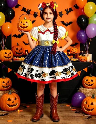 4Pcs Cowgirl Costume with Headband Hat and Wigs for Girls, Toddler Birthday Outfits Halloween Role Play Clothes Set in Kuwait