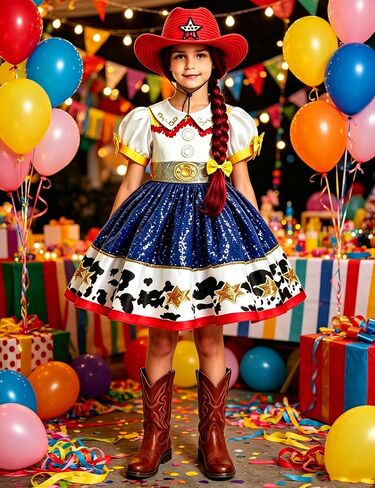 4Pcs Cowgirl Costume with Headband Hat and Wigs for Girls, Toddler Birthday Outfits Halloween Role Play Clothes Set in Kuwait