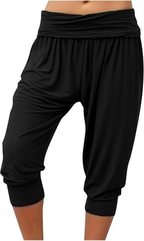 SHOPESSA Ruched Waist Capri Pants for Women Baggy Casual Dancing Yoga Harem Capris Stretchy Fitness Workout Cropped Sweatpant in Saudi Arabia