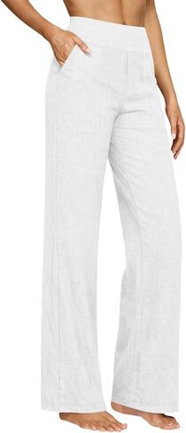 Straight Leg Linen Trousers Women Light Weight Pants for Summer Bottoms Dressy Casual Elastic High Waisted Trousers in Kuwait