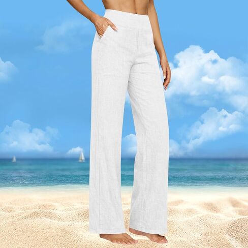 Straight Leg Linen Trousers Women Light Weight Pants for Summer Bottoms Dressy Casual Elastic High Waisted Trousers in Kuwait