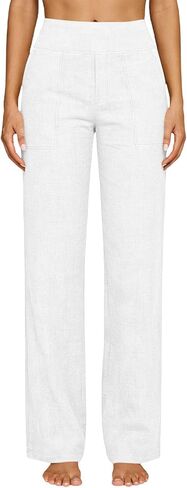 Straight Leg Linen Trousers Women Light Weight Pants for Summer Bottoms Dressy Casual Elastic High Waisted Trousers in Kuwait