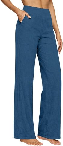 Straight Leg Linen Trousers Women Light Weight Pants for Summer Bottoms Dressy Casual Elastic High Waisted Trousers in Kuwait