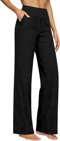 Straight Leg Linen Trousers Women Light Weight Pants for Summer Bottoms Dressy Casual Elastic High Waisted Trousers in Kuwait