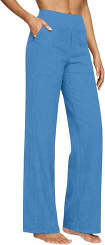Straight Leg Linen Trousers Women Light Weight Pants for Summer Bottoms Dressy Casual Elastic High Waisted Trousers in Kuwait
