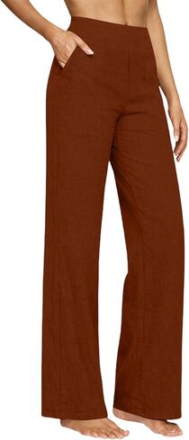 Straight Leg Linen Trousers Women Light Weight Pants for Summer Bottoms Dressy Casual Elastic High Waisted Trousers in Kuwait