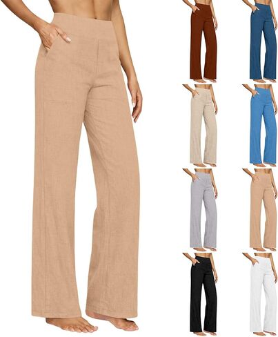 Straight Leg Linen Trousers Women Light Weight Pants for Summer Bottoms Dressy Casual Elastic High Waisted Trousers in Kuwait