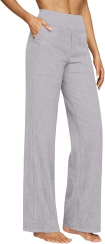 Straight Leg Linen Trousers Women Light Weight Pants for Summer Bottoms Dressy Casual Elastic High Waisted Trousers in Kuwait