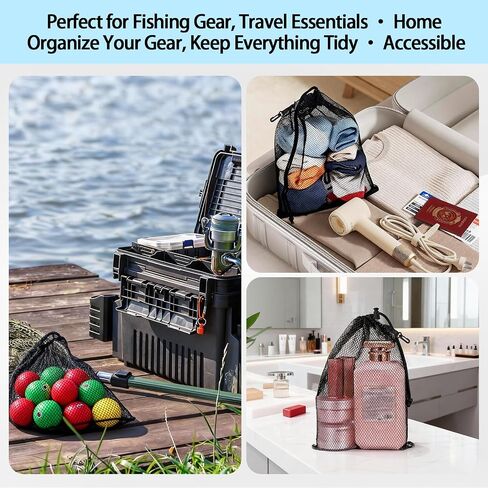 AZY 8PC Upgraded Mesh Bag Set with Hooks 4 Small 6x8in 4 Large 12x16in Durable Mesh Bags Drawstring for Storage Bait Bag Chum Bags for Fishing Travel and Home Use in Saudi Arabia