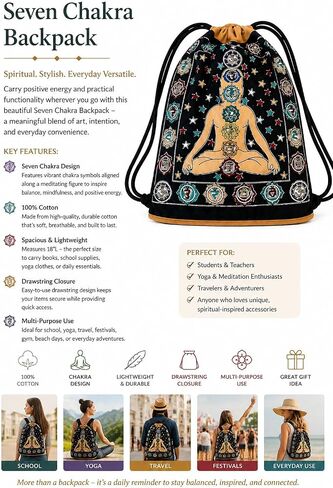 7 Chakra Drawstring Backpack – Yoga Meditation Bag, Spiritual Boho Gym Sack, Chakra Alignment Backpack, Lightweight Travel Yoga Bag for Women in Kuwait