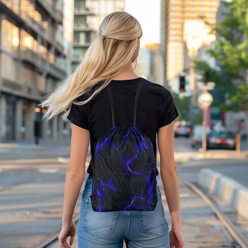 Lightning Drawstring Backpack 13"x16" Neon Light Lightning Print String Bag Sports Sackpack Cool Simple Modern Blue Lines Drawstring Bag for Adults Men Women in Kuwait