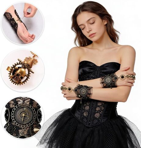 OULIGET Fingerless Gloves Gothic,Bronzing Floral Lace Steampunk Wristband,Clock Vintage Gear Gloves,Bridal Cuff Bracelet in Saudi Arabia