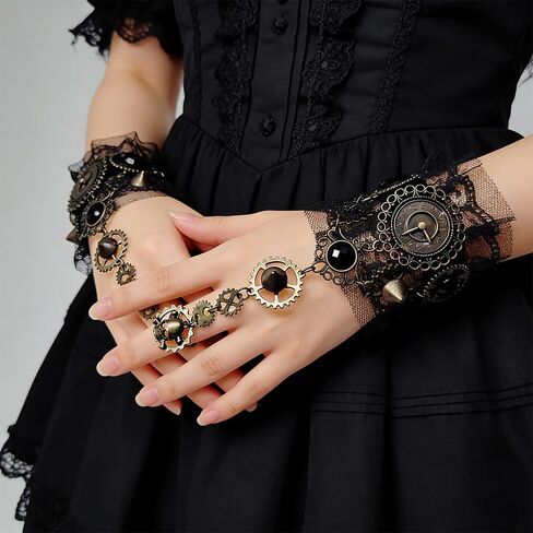 OULIGET Fingerless Gloves Gothic,Bronzing Floral Lace Steampunk Wristband,Clock Vintage Gear Gloves,Bridal Cuff Bracelet in Saudi Arabia