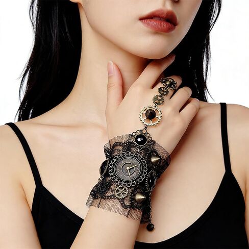OULIGET Fingerless Gloves Gothic,Bronzing Floral Lace Steampunk Wristband,Clock Vintage Gear Gloves,Bridal Cuff Bracelet in Saudi Arabia