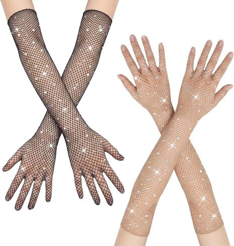 Gvhntk 2 Pair Rhinestone Long Fishnet Gloves Mesh Sparkly Glitter Rave Gloves Elbow Length Evening Party Opera Glove Women in Kuwait
