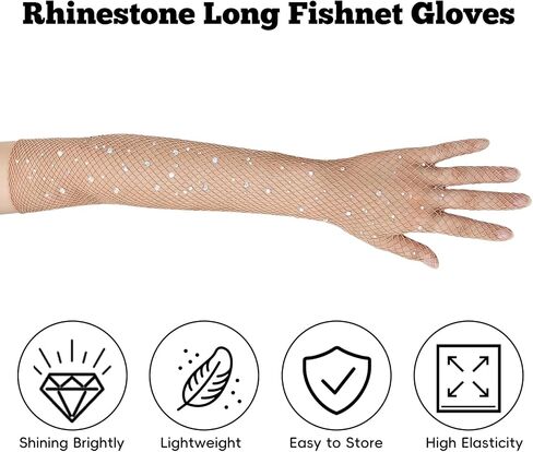 Gvhntk 2 Pair Rhinestone Long Fishnet Gloves Mesh Sparkly Glitter Rave Gloves Elbow Length Evening Party Opera Glove Women in Kuwait
