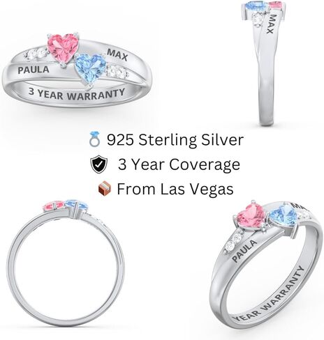 PaulaMax Jewelry Promise Ring for Her, Custom Birthstone Ring for Women in Sterling Silver or White Gold – Personalized 2 Heart Birthstones, Sizes 5-12 in Kuwait