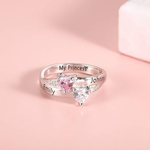 PaulaMax Jewelry Promise Ring for Her, Custom Birthstone Ring for Women in Sterling Silver or White Gold – Personalized 2 Heart Birthstones, Sizes 5-12 in Kuwait