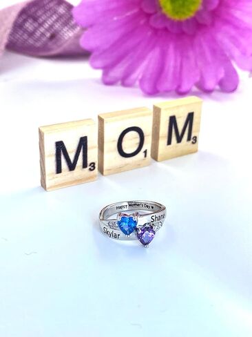 PaulaMax Jewelry Promise Ring for Her, Custom Birthstone Ring for Women in Sterling Silver or White Gold – Personalized 2 Heart Birthstones, Sizes 5-12 in Kuwait
