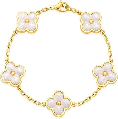 Gold Tone Clover Bracelet for Women, Adjustable Paperclip Chain Charm Bracelet in Kuwait