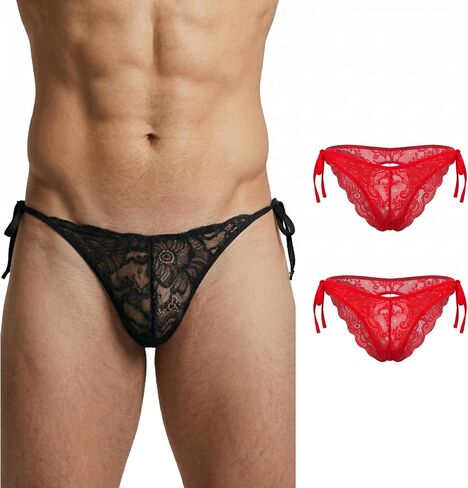 Men's Sexy Lace Thong Heart Cut-Out Sheer Pouch Pearl Pendant Sissy Lingerie Low Rise One Size 26-36 & 2-Pack in Kuwait