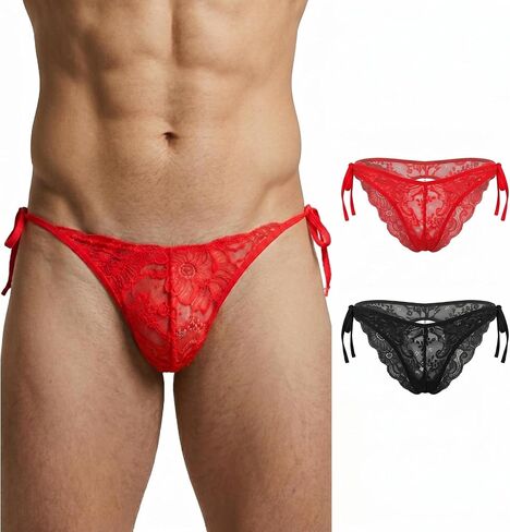 Men's Sexy Lace Thong Heart Cut-Out Sheer Pouch Pearl Pendant Sissy Lingerie Low Rise One Size 26-36 & 2-Pack in Kuwait
