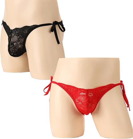 Men's Sexy Lace Thong Heart Cut-Out Sheer Pouch Pearl Pendant Sissy Lingerie Low Rise One Size 26-36 & 2-Pack in Kuwait