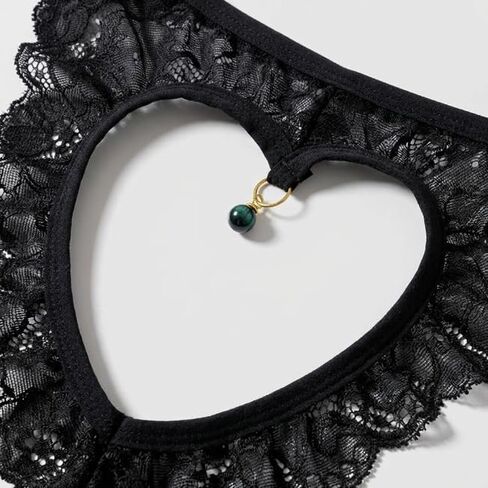 Men's Sexy Lace Thong Heart Cut-Out Sheer Pouch Pearl Pendant Sissy Lingerie Low Rise One Size 26-36 & 2-Pack in Kuwait