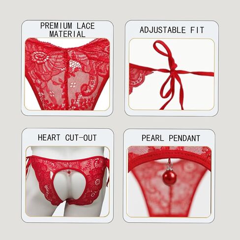 Men's Sexy Lace Thong Heart Cut-Out Sheer Pouch Pearl Pendant Sissy Lingerie Low Rise One Size 26-36 & 2-Pack in Kuwait
