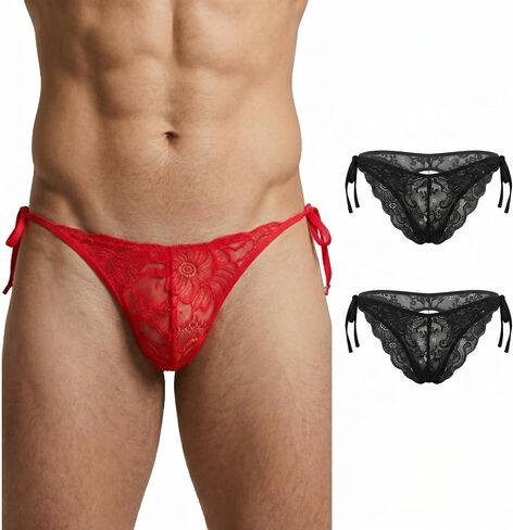 Men's Sexy Lace Thong Heart Cut-Out Sheer Pouch Pearl Pendant Sissy Lingerie Low Rise One Size 26-36 & 2-Pack in Kuwait