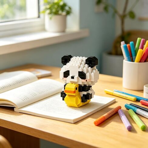 Panda on Rocking Chair Hand-Assembled Figurine with Display Base, Cute Animal Desk Decor, Playful Theme Collectible Statue for Home Office Shelf in Kuwait