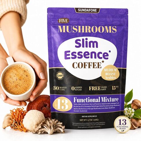 SUNDAFONE Slim Essence Instant Mushroom Coffee, No Added Sugar, 30 Servings | 22,500 mg total 5-mushroom blend with botanicals; medium roast Arabica for daily clarity and natural energy in Kuwait