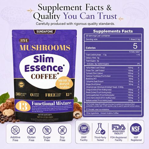 SUNDAFONE Slim Essence Instant Mushroom Coffee, No Added Sugar, 30 Servings | 22,500 mg total 5-mushroom blend with botanicals; medium roast Arabica for daily clarity and natural energy in Kuwait