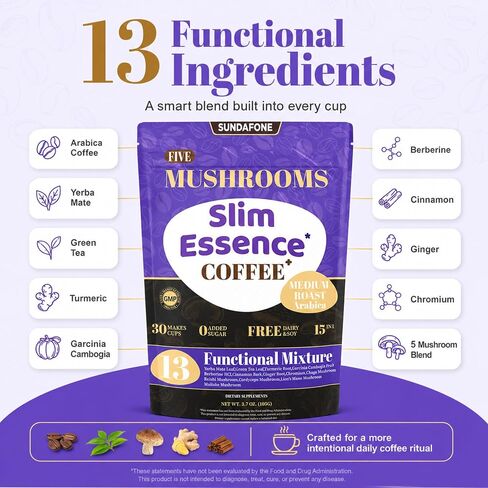 SUNDAFONE Slim Essence Instant Mushroom Coffee, No Added Sugar, 30 Servings | 22,500 mg total 5-mushroom blend with botanicals; medium roast Arabica for daily clarity and natural energy in Kuwait