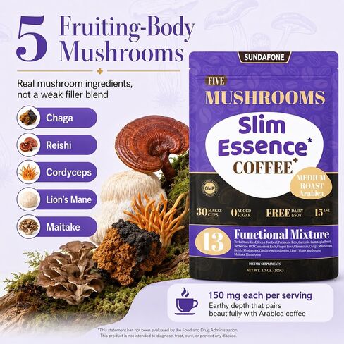 SUNDAFONE Slim Essence Instant Mushroom Coffee, No Added Sugar, 30 Servings | 22,500 mg total 5-mushroom blend with botanicals; medium roast Arabica for daily clarity and natural energy in Kuwait