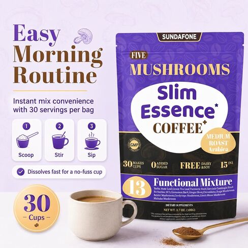 SUNDAFONE Slim Essence Instant Mushroom Coffee, No Added Sugar, 30 Servings | 22,500 mg total 5-mushroom blend with botanicals; medium roast Arabica for daily clarity and natural energy in Kuwait