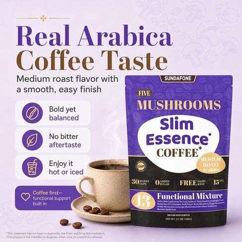 SUNDAFONE Slim Essence Instant Mushroom Coffee, No Added Sugar, 30 Servings | 22,500 mg total 5-mushroom blend with botanicals; medium roast Arabica for daily clarity and natural energy in Kuwait