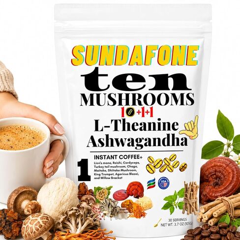 SUNDAFONE Slim Essence Instant Mushroom Coffee, No Added Sugar, 30 Servings | 22,500 mg total 5-mushroom blend with botanicals; medium roast Arabica for daily clarity and natural energy in Kuwait