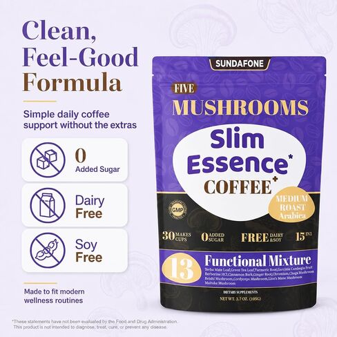 SUNDAFONE Slim Essence Instant Mushroom Coffee, No Added Sugar, 30 Servings | 22,500 mg total 5-mushroom blend with botanicals; medium roast Arabica for daily clarity and natural energy in Kuwait