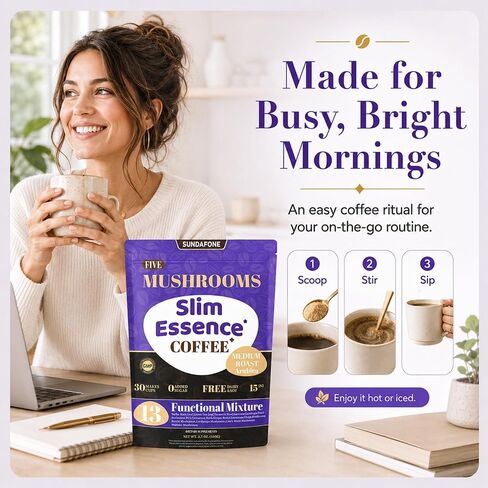 SUNDAFONE Slim Essence Instant Mushroom Coffee, No Added Sugar, 30 Servings | 22,500 mg total 5-mushroom blend with botanicals; medium roast Arabica for daily clarity and natural energy in Kuwait