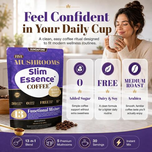 SUNDAFONE Slim Essence Instant Mushroom Coffee, No Added Sugar, 30 Servings | 22,500 mg total 5-mushroom blend with botanicals; medium roast Arabica for daily clarity and natural energy in Kuwait