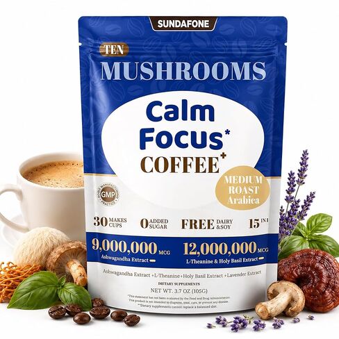SUNDAFONE Slim Essence Instant Mushroom Coffee, No Added Sugar, 30 Servings | 22,500 mg total 5-mushroom blend with botanicals; medium roast Arabica for daily clarity and natural energy in Kuwait