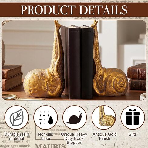 Hoteam Set of 2 Snail Bookends Distressed Vintage Gold Resin Decorative Snail Book Ends Animal Lover Gift Organizer Stopper Non Skid for Heavy Books Shelf Desk Home Office 5.25 x 3.5 x 9 Inches in Kuwait